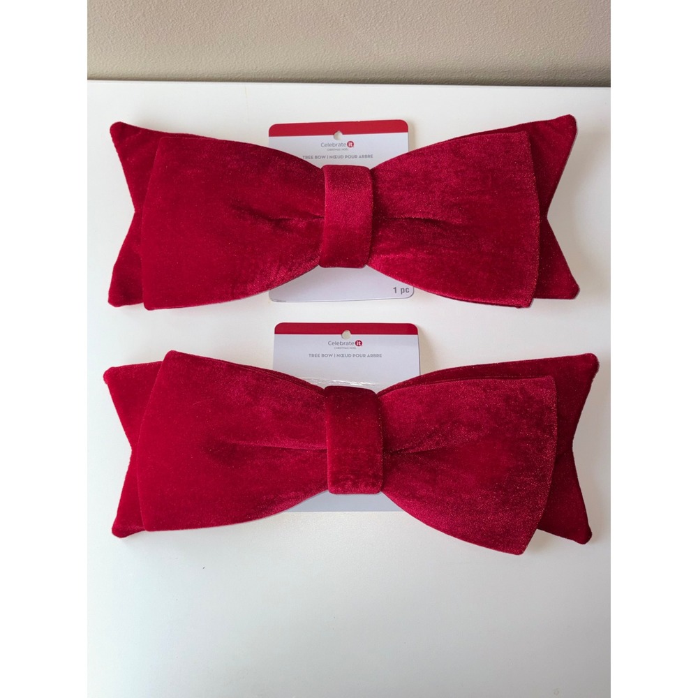 Celebrate It Large Red Velvet Glitter Christmas Tree Bows Set of 2 Holiday Decor
